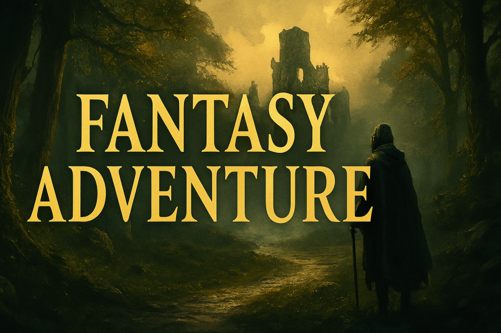 Banner image for fantasy adventure stories featuring a cloaked traveler standing before ancient forest ruins, bathed in golden light.