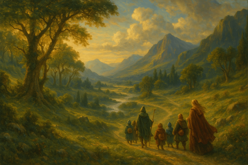 Fantasy oil painting of travelers foraging in a lush, magical landscape with forests, rivers, and distant mountains.